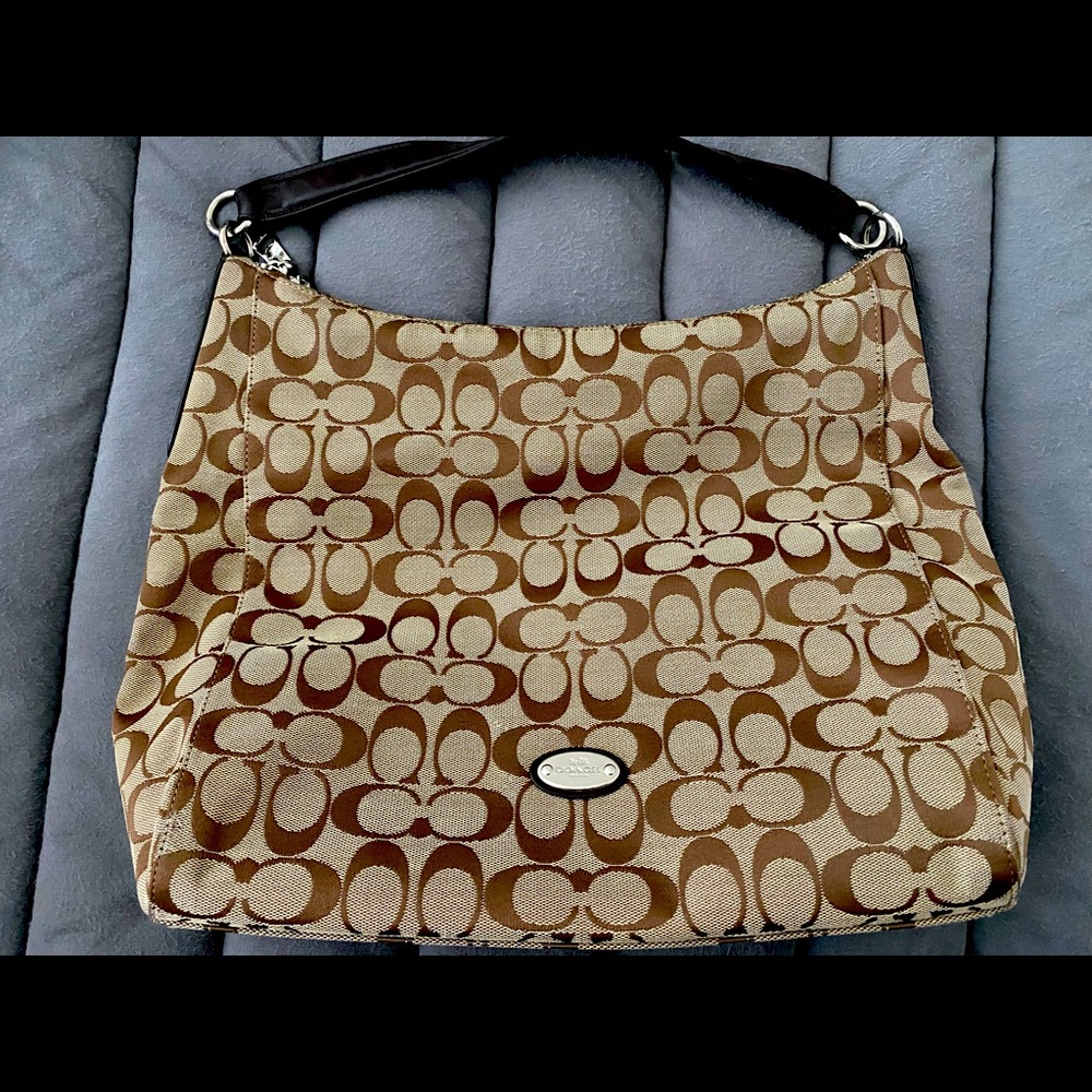 Large Coach shoulder bag with crossbody strap, classic canvas